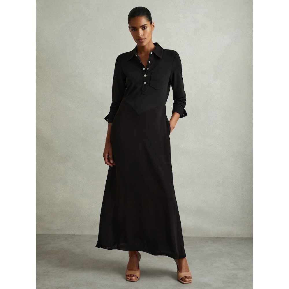 Reiss Rosina Black Jersey Maxi Polo Dress Womens 10 Long Sleeve New NWT - Picture 1 of 8